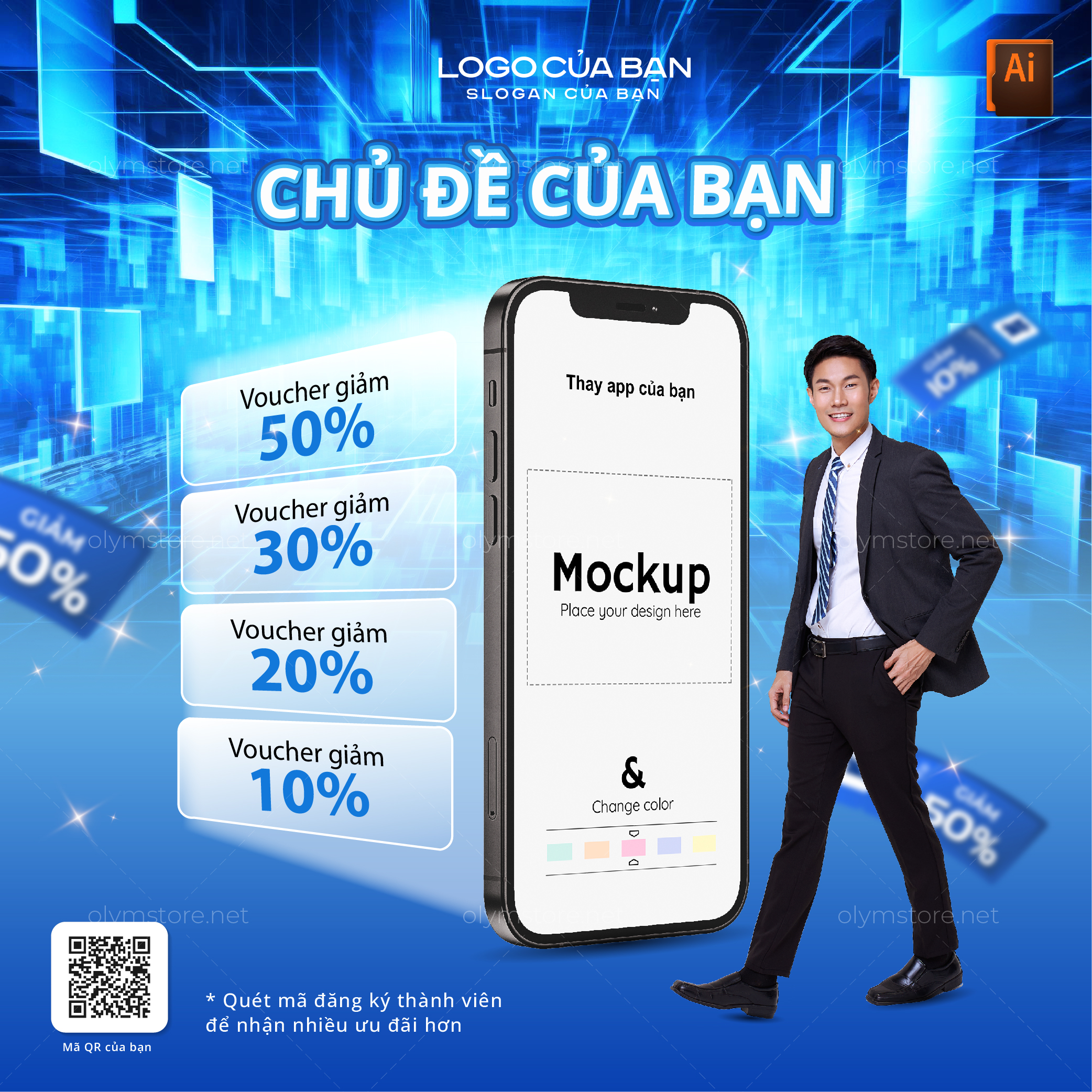 Banner chàng trai đứng cạnh điện thoại và voucher